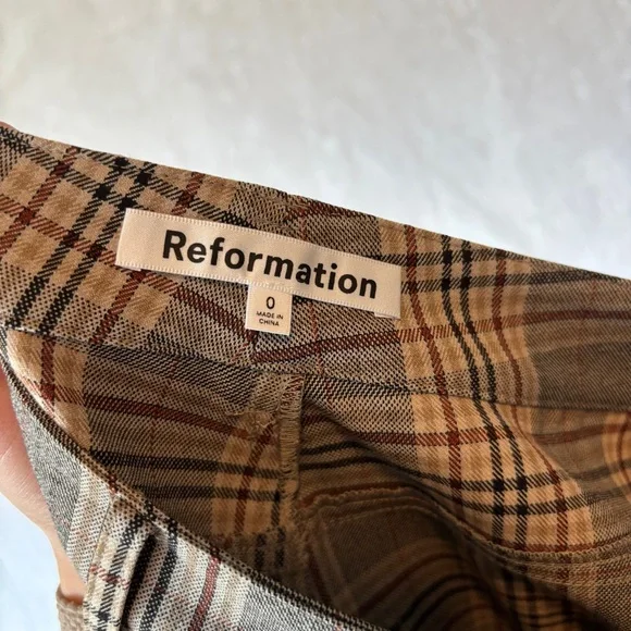 Reformation womens brown Franklin Tartan Plaid wide leg pants trousers size 0 - Picture 9 of 10
